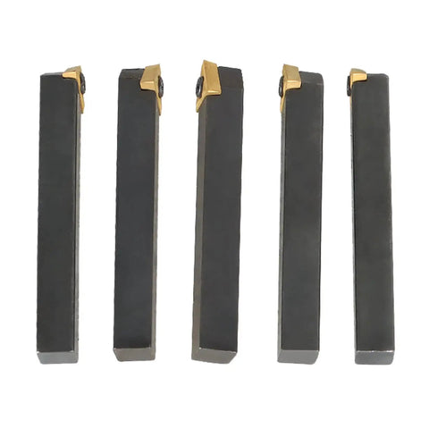 Five Piece One Quarter Inch Shank Indexable Lathe Tool Holder Set With Carbide Inserts for CNC lathes, showing vertical alignment.