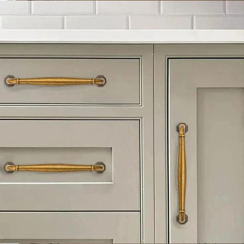 10 Pack Antique Brass Cabinet Pulls 3 Inch Center To Center Vintage Solid Hardware For Cupboards And Dressers installed on drawers