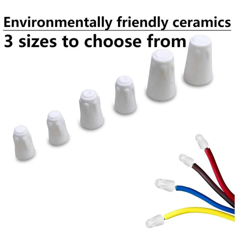 Ceramic wire connectors in three sizes; white ceramic caps with color-coded wires.