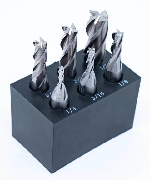 Center Cutting End Mill Set 6pc High Speed Steel 4 Flute Single End With 3/8 Inch Shank And Plastic Stand Includes 1/8, 3/16, 1/4, 5/16, 3/8, 1/2 Inch Mills For Precision Milling In Metal Wood And Plastic