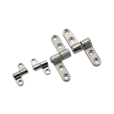 Four silver zinc alloy adjustable torque hinges with mounting holes (front view)