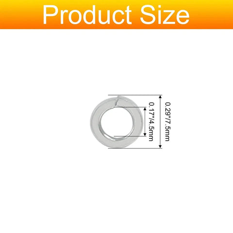 Front view of silver stainless steel split lock washer, size #8; outer 7.5mm, inner 4.5mm