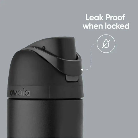 Close-up of FreeSip Insulated Stainless Steel Water Bottle With Straw And Locking Push Button Lid BPA Free Sports Bottle, denim color.