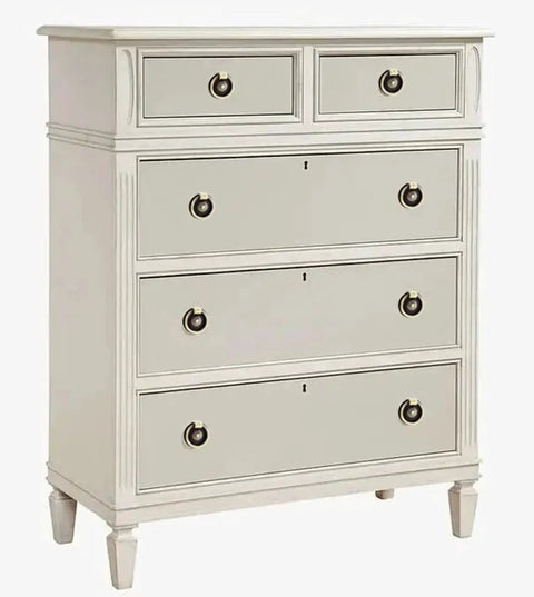 White dresser with six piece antique brass drawer ring pull handles set for cabinets dressers cupboards and doors classic vintage style.