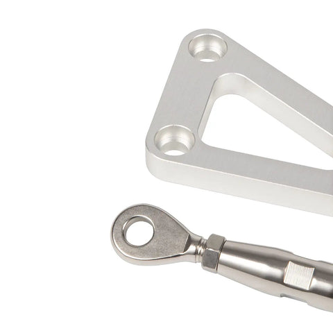 Close-up of Adjustable Billet Alternator Bracket Kit For Chevy Small Block V8 With Long Water Pump Polished Aluminum component