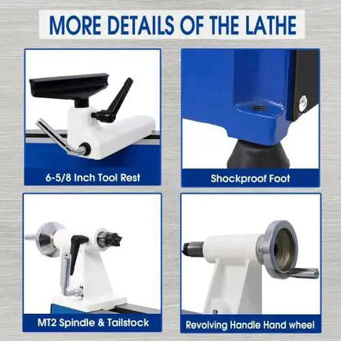 Close-up of lathe parts including 6-5/8 inch tool rest and shockproof foot, featuring Versatile Benchtop Wood Lathe Workhorse With 10 By 18 Turning Capacity, Five Variable Speeds 500 750 1150 1800 3200 RPM, 1/2HP Power, Mini Wood Lathe For Woodworking And Woodturning, Smooth Belt Drive For Precise Finishing And Great Detail.