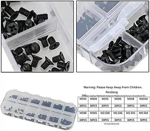 360Pcs Multisize Laptop And PC Replacement Screw Kit With M2 M2.5 And M3 Hardware in storage box with labeled compartments