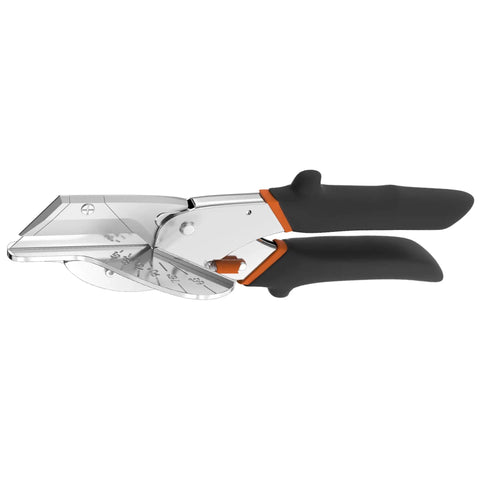 Multi-angle miter shear cutter set adjustable 45 to 135 degrees for quarter round molding, hand tool shown with aluminum handle