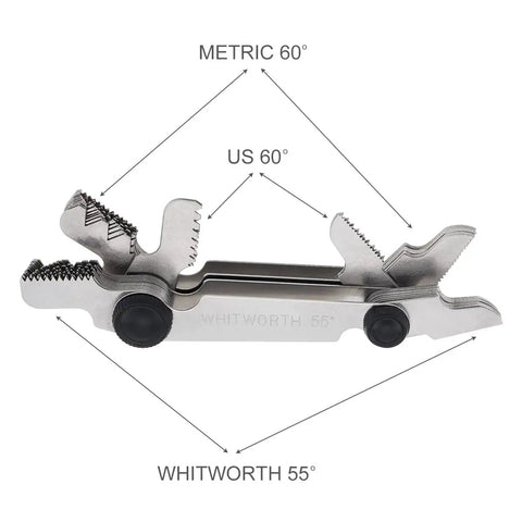 55 Degree And 60 Degree Screw Pitch Gauge With Locking Mechanism For Metric Imperial And US Threads Pro Grade Industrial Measurement Tool For Quick Size Checks Includes Multiple Pitch Sizes, shown in side view with metric and US pitch markings.