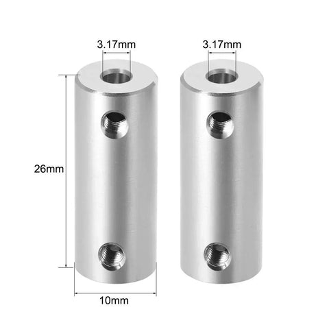 Two aluminum rigid shaft couplings with 1/8 in bore and set screws, 10 mm diameter, 26 mm length.