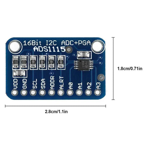 Image of a Four Channel 16 Bit I2C ADC Module With Programmable Gain Amplifier for microcontrollers, compact and blue, labeled ADS1115.