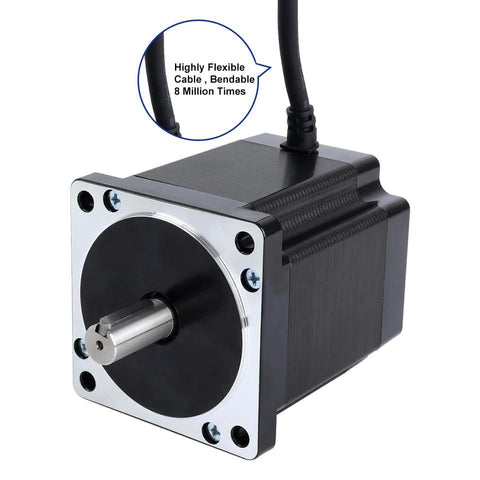 Stepper motor with silver mounting flange, four-bolt pattern, black housing, and attached flexible cable