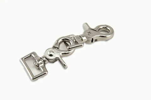 Side view of Trigger Snap Square Eye Clips 3/4 Inch Two Pack For Reins And Tack, featuring die-cast metal and square bottoms.