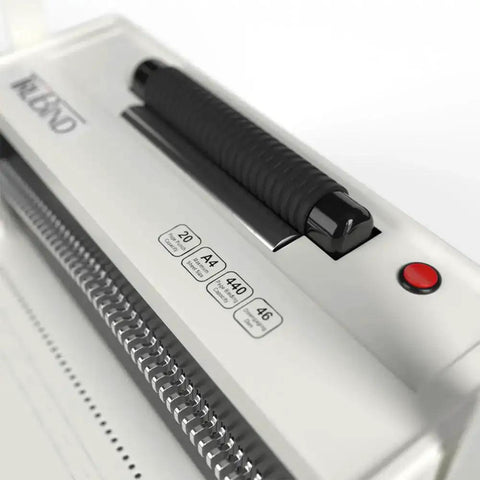 Close-up of the Coil Binding Machine With Electric Inserter And Foot Pedal, showing controls and binding capacity labels, 4 to 1 pitch.