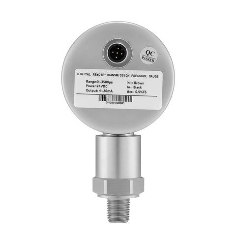 MEASUREMAN digital remote pressure gauge, circular silver sensor with 4-pin connector and threaded mounting stem