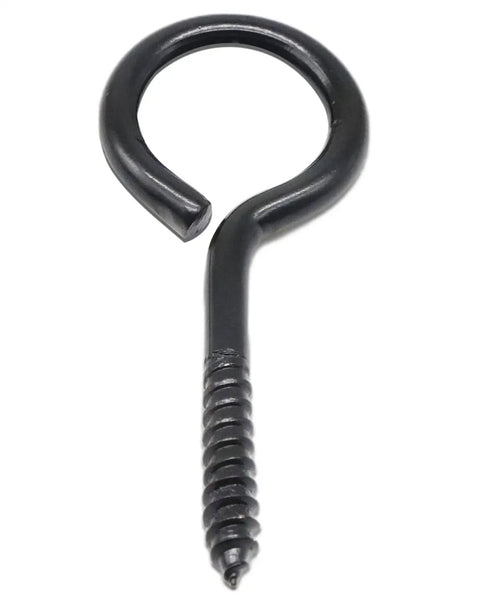 Front view of Two and a Half Inch Black Screw Eyes for Wood and Cable, 304 Stainless Steel Eye Bolts Number 11 for anchoring, rust resistant.