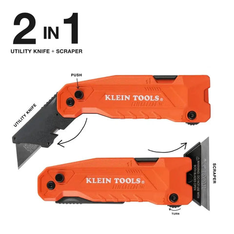 Flickblade 2 In 1 Folding Utility Knife And Scraper With Built In Blade Storage, showing utility knife and scraper functions.