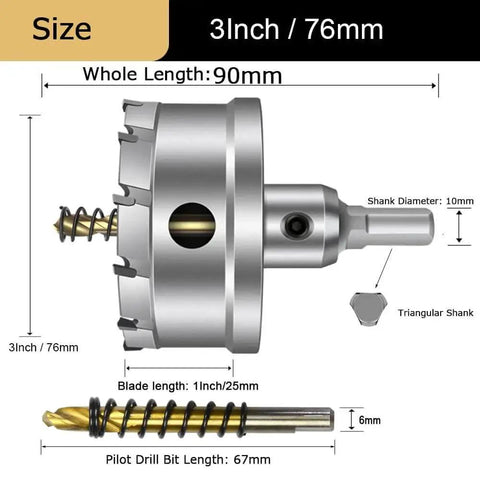 Beefy 3 Inch Tungsten Carbide Tipped Hole Saw Cutter dimensions and components diagram with titanium pilot bits.