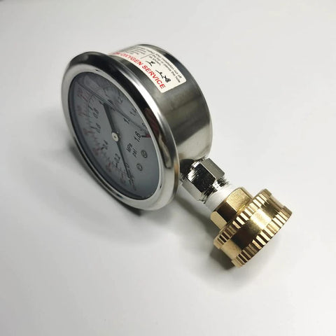 Stainless steel 304 liquid-filled pressure gauge with 2.5 in dial, 0–220 psi, brass 3/4 in GHT garden hose thread