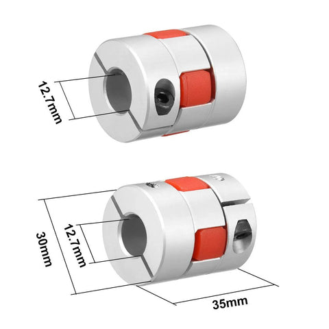 uxcell 2pcs shaft couplings, 12.7mm to 12.7mm bore, aluminum with red inserts, 35mm length, front and side views