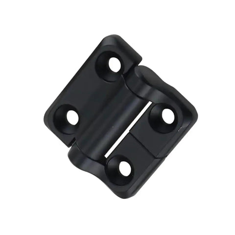 Front view of black zinc-alloy torque hinge, square mounting with four screw holes