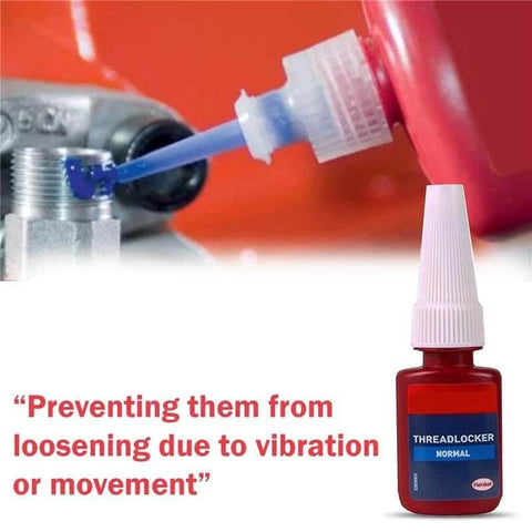 Medium Strength Thread Locker Adhesive For Nuts Bolts And Screws Removable Locking Glue 5 Gram Bottle Keeps Fasteners From Loosening In Vehicles Machinery And Home Projects shown being applied to a bolt.