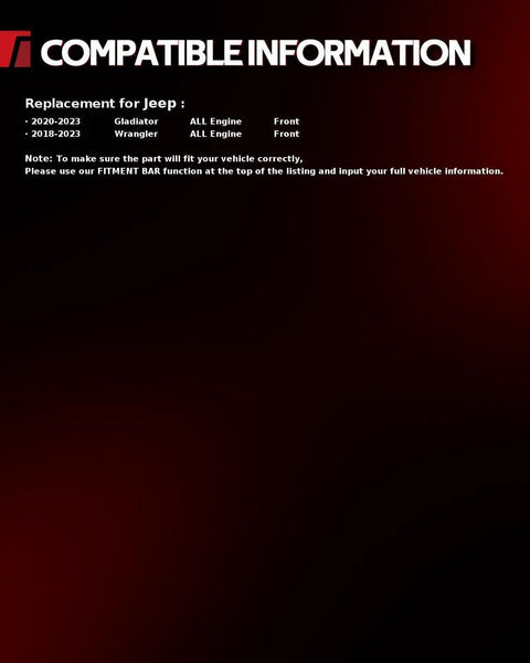 Compatibility chart for front wheel bearing and hub assembly for 2020-2023 Gladiator and 2018-2023 Wrangler models.