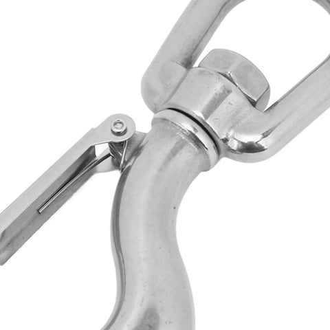 Close-up of a 1.3in stainless steel rotating clevis slip hook with latch for heavy-duty lifting