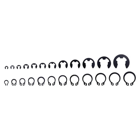 Pro Grade E Clip And C Clip Assortment Kit With 324 Pieces Of 304 Stainless Steel External Retaining Rings displayed in various sizes.