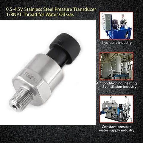 100 PSI 316 stainless steel pressure transducer with 1/8 NPT thread and black electrical connector.