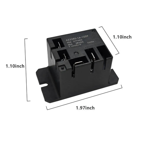 AZ2280 1A 12DF Pack Of 2 Mini Power Electromechanical Relay 12V AC 30A SPST NO, black relay with dimensions 1.97x1.10 inches