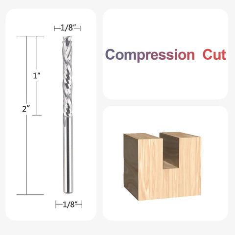 Up And Down Carbide Router Bit Set For CNC Milling 5 Pcs 1/8 Inch Shank with cutting dimensions shown next to wooden cut slot.