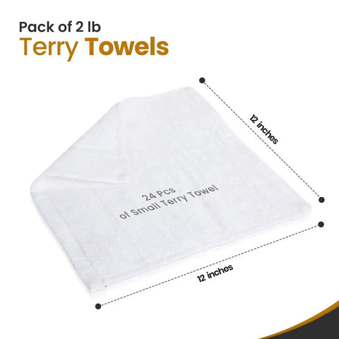 White Terry Rags Bulk Pack 12x12 Inches 100 Percent Ring Spun Cotton Multipurpose Cleaning Cloths, folded, 24 pack visible
