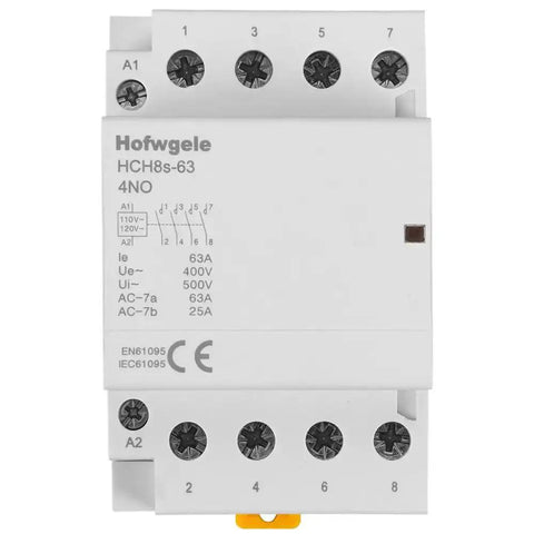 Front view of 4 Pole 63A AC Contactor With 110V 120V Coil 4NO Contacts 230V Ue 500V Ui 35mm DIN Rail Mount Beefy High Current Switch