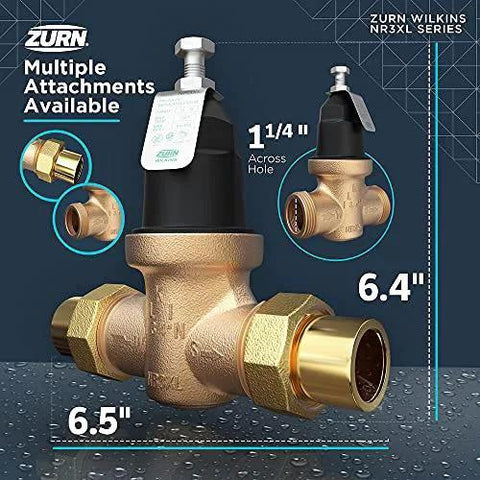 Front view of One And A Quarter Inch NR3XL Pressure Reducing Valve With Double Union FNPT Connection For Potable Water Cartridge Loaded Design Built To Last Tailpiece Options Include Threaded PEX Copper Sweat CPVC Stainless Steel Strainer By Zurn Wilkins