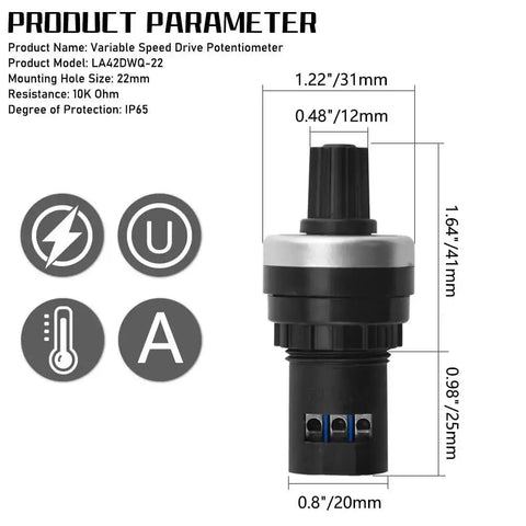 Diagram of LA42DWQ-22 22mm 10K Ohm Rotary Potentiometer with dimensions and IP65 protection symbols, front view.