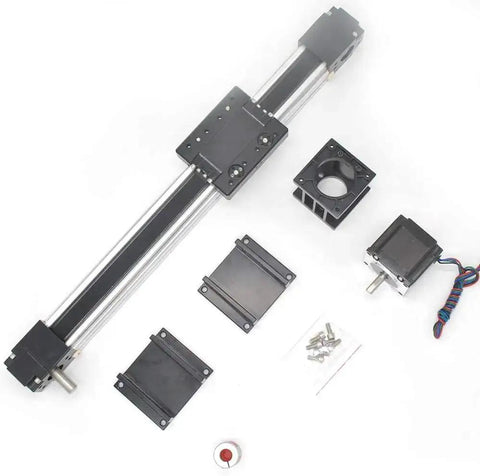 Components of Fast 400mm Belt Driven Linear Actuator With 16 Inch Stroke For CNC Positioning, Nema 17 Motor included, laid out on white background