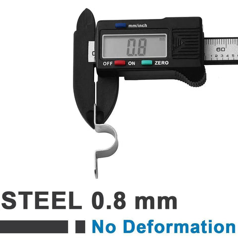 Caliper measuring stainless steel conduit clamp showing thickness, labeled as steel 0.8 mm, no deformation, for 1/4 inch pipes.