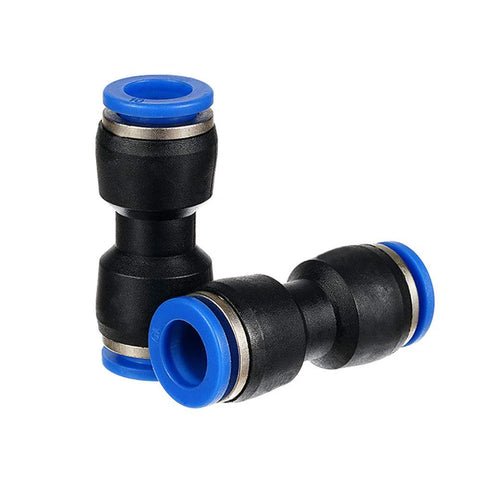Two plastic push-to-connect straight tube fittings, 4mm OD x 4mm OD, black body with blue ends