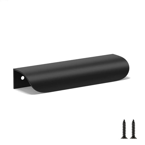 12 Pack 5 Inch Black Cabinet Pulls Edge and Finger Drawer Handles for Cabinets, flat kitchen hardware with screws, side view.