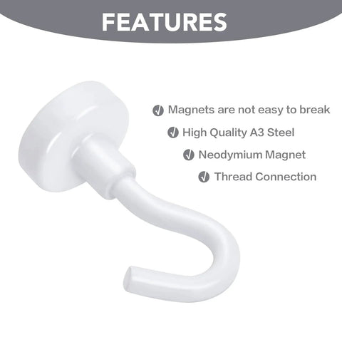 Heavy Duty Magnetic Hooks 30 Lbs Capacity 10 Pack Industrial Grade Rare Earth Magnets features list with white hook detail