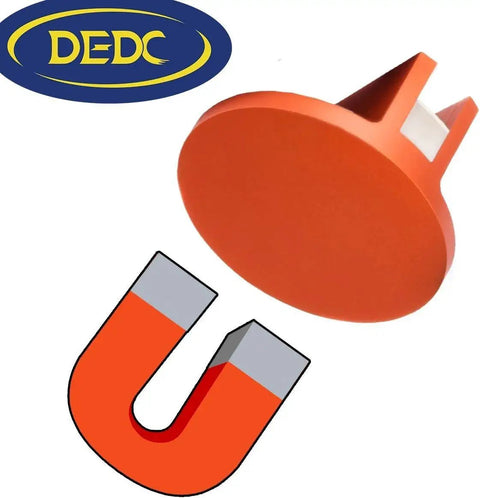 Aluminum Grooved Magnetic Jack Pad Pinch Weld Frame Rail Adapter For Cars, round top view with orange aluminum finish and magnet illustration.