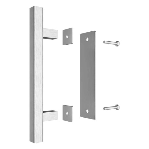 Heavy Duty 12 Inch Barn Door Handle Set With Flush Pull And Finger Pull, Solid Stainless Steel, Two Sided Square Silver Finish