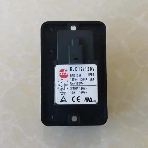 Emergency Stop Pushbutton Switch 120V 16A Waterproof IP54 With Undervoltage And Overload Protection, rear view showing technical specifications.