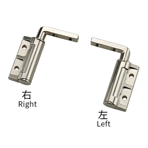 Two L-shaped damping cabinet hinges, left and right, silver metal finish.