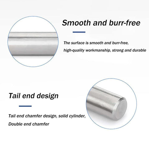 Close-up of 304 Stainless Steel Dowel Pins Set Of 100, showing smooth, burr-free surface and chamfered tail end design for CNC use.