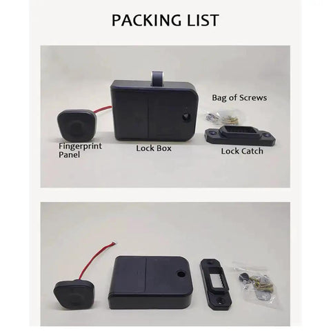 Smart Biometric Cabinet Lock With Fingerprint Access And Bluetooth App Control packing list with lock box and accessories