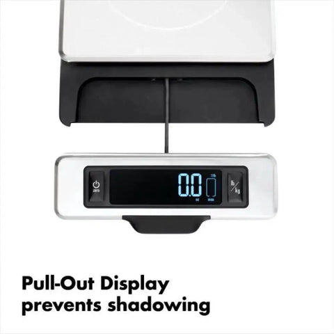 Stainless Steel Kitchen Scale With Pull Out Display, 11 Pound Capacity, Big Digital Readout, showing pull-out display feature