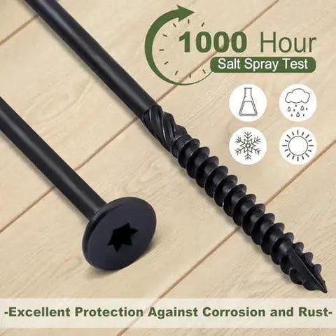 Close-up of Heavy Duty Structural Wood Lag Screws For Outdoor Decks And Timber Projects with rust-resistant black coating.
