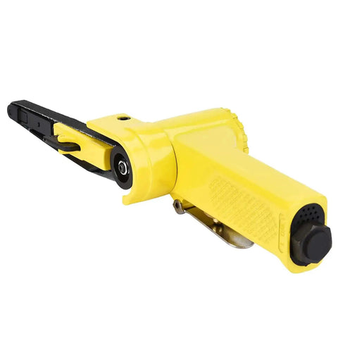 Yellow Pneumatic Belt Sander Polisher with 360 degree rotating handle, compatible with 330x10mm or 520x20mm belts.